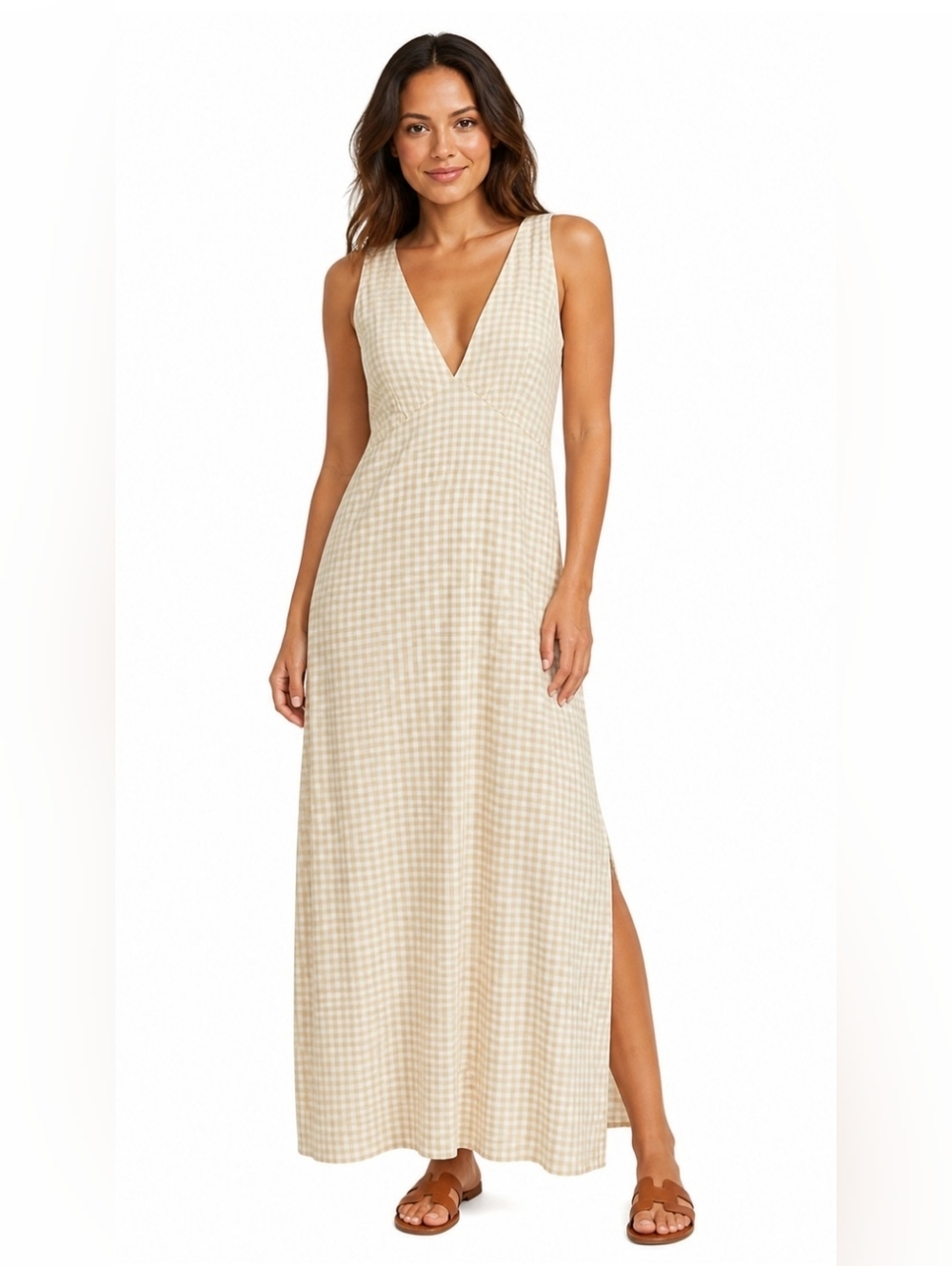 Old Navy Tan & White Checker Maxi With Plunge Neckline & Back Smocking